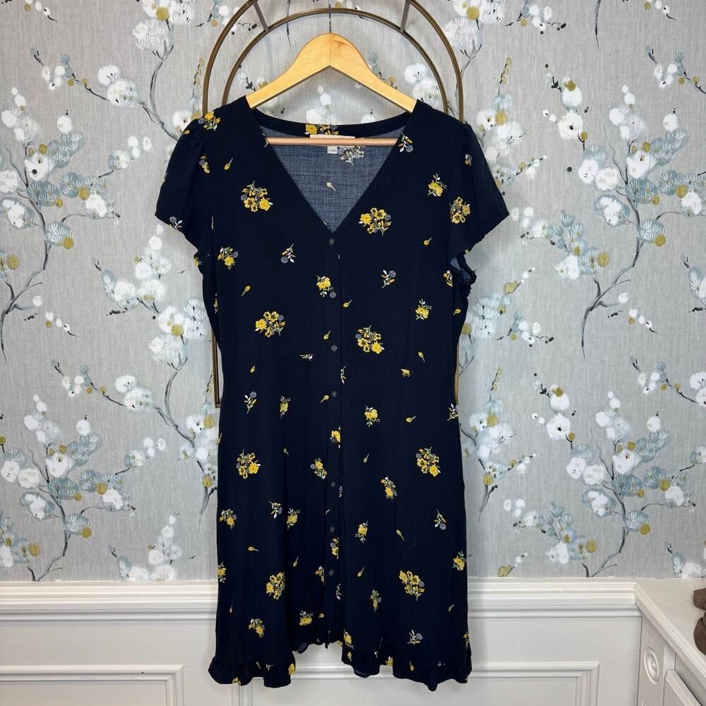 LOFT Navy Blue Yellow Floral Button Front V-Neck Ruffle Hem Mini Dress Womens 8